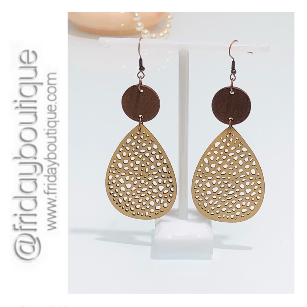 Hollow Leaf Faux Leather and Wood Earrings